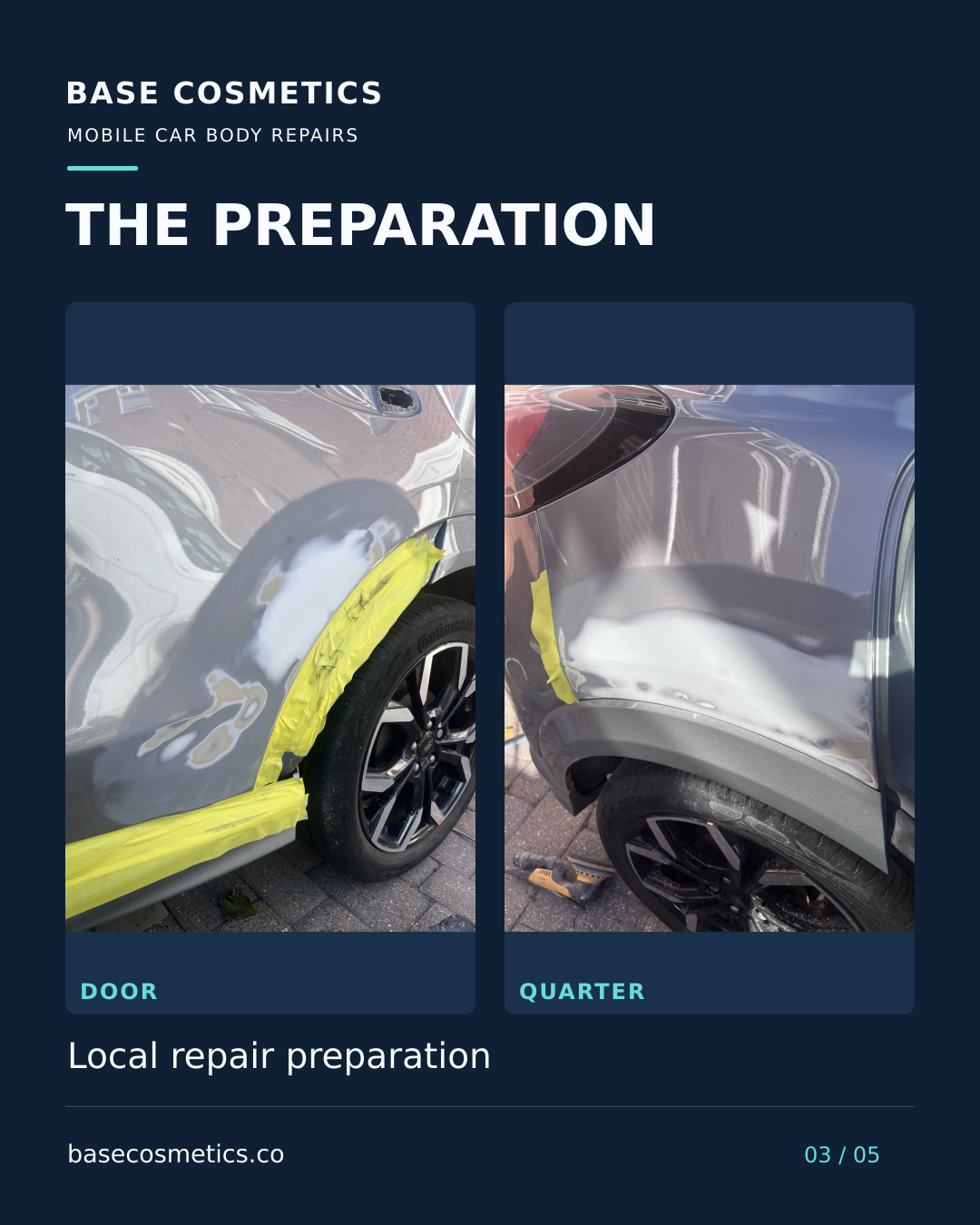 Local repair preparation on the Ford Puma rear door and quarter panel, with the door handle removed